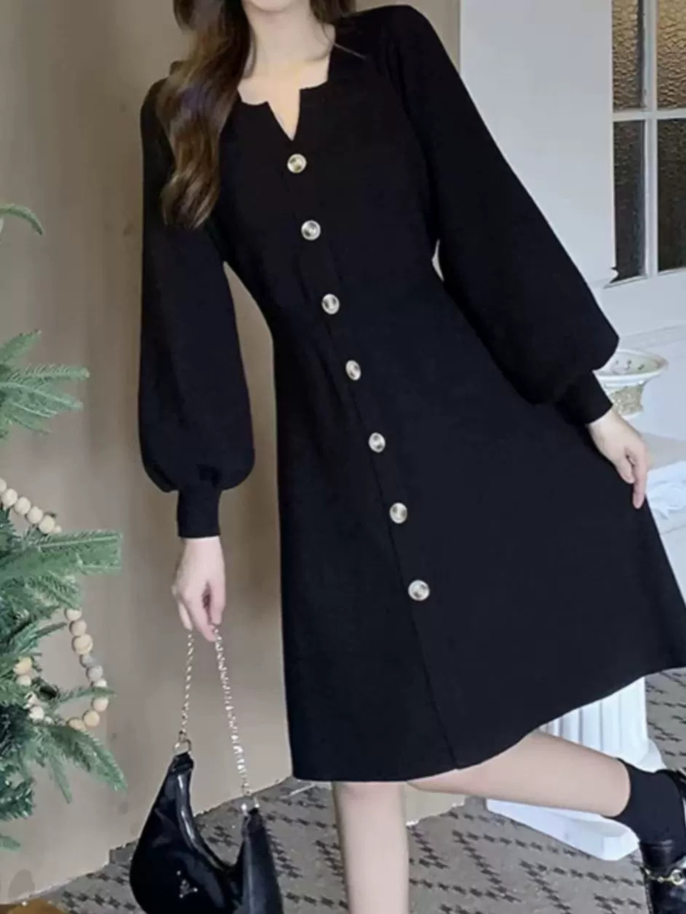 ZARA Premium Black Collared Knit Dress Autumn Slim Waist Layering Sweater Dress